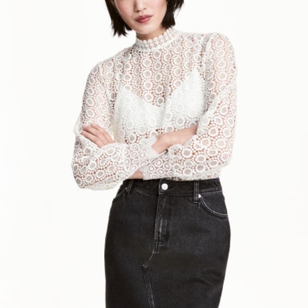 Sheer high neck white lace blouse